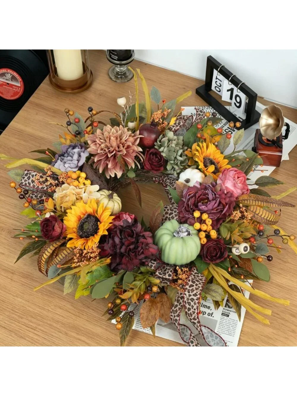 24-Inch Autumn Front Door Wreath with Pumpkins & Sunflowers - Fall Decor